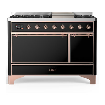 Cuisinière à double combustible de 48 pouces avec 5 brûleurs scellés de la série Majestic III et plaque chauffante en noir brillant (propane liquide, garniture en cuivre)