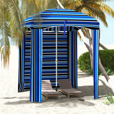 Abri de plage portatif - 5,9 pi x 5,9 pi, rayure bleue, pare-soleil, évents, sacs de sable, parasol de sac de transport et garde blanche, murs, sac