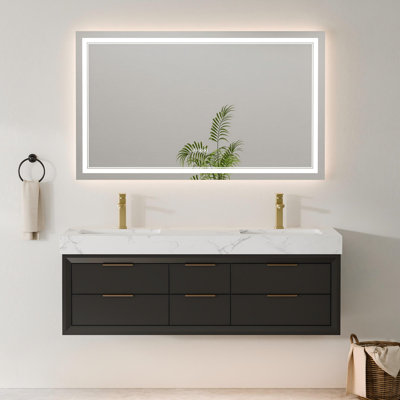  60" Floating Double Vanity With LED Light & Engineered Stone Top