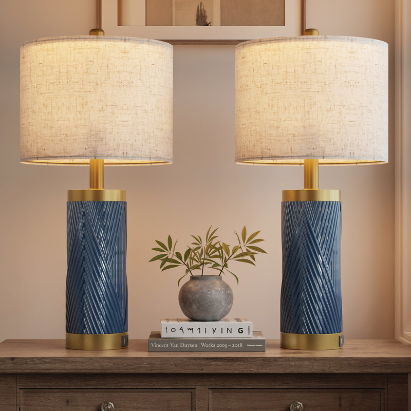 24.5'' Ceramic Table Lamp with USB Ports, Modern Bedside Lamp for Living Room (Set of 2), Blue, Blue