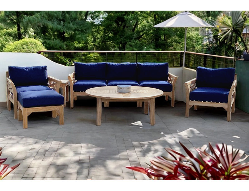 Monterey Outdoor 7 - Piece Teak Conversation Set, 5 Pcs:  Sectional,Cushion,Table,2Ottoman, Cocoa
