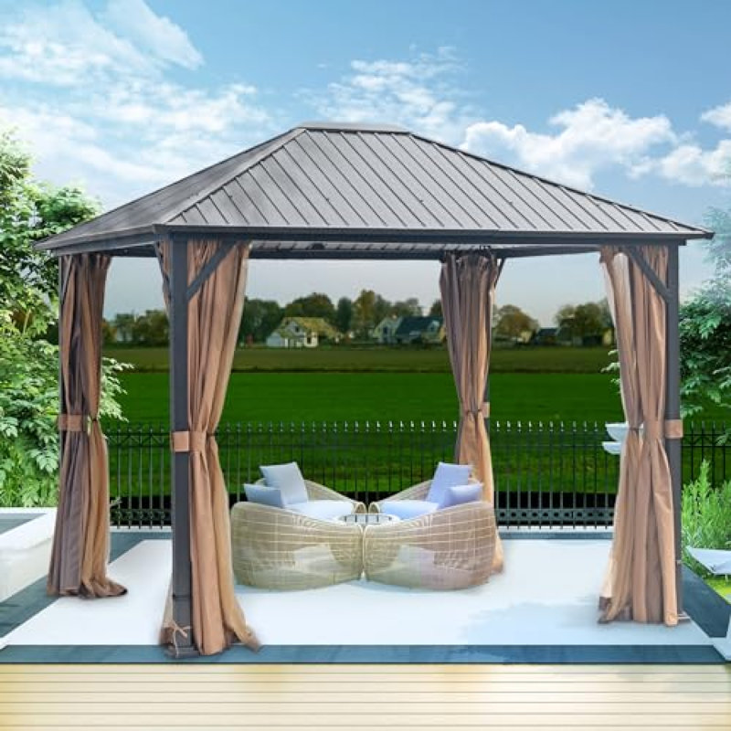 X12 Hardtop Metal Gazebo, Heavy Duty Pergola With Mosquito Nets, Galvanized Steel & Polycarbonate Roof, Ideal For Gardens, Patios, Backyards