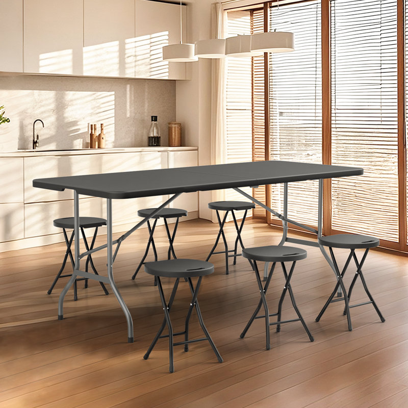 7-Piece Rectangular Folding Plastic Dining Table with 6 Chairs Set with Handle, Black