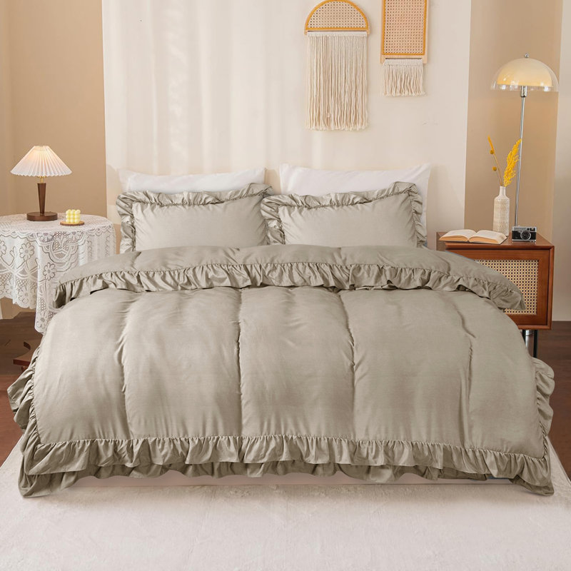 DUVET FRILL COVER SET Microfiber Solid Colour Duvet Cover with Pillowcases Included, Double Duvet Cover + 2 Pillowcases 
