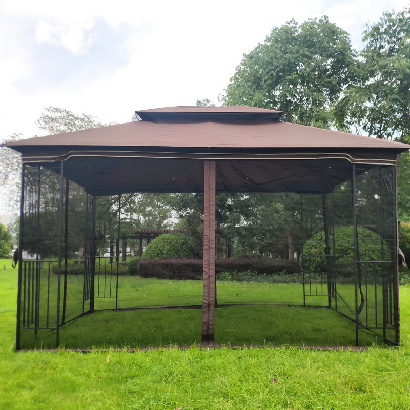 Gazebo 13x10 avec toile imperméable et structure en fer robuste - Toit pare-soleil brun amovible