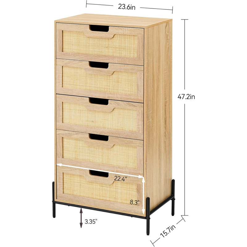 47 Inches Tall Rattan 5-Drawer Dresser w/ Retro Design, Spacious Storage Chest w/ 5 Large Drawers & Display Top, Oak