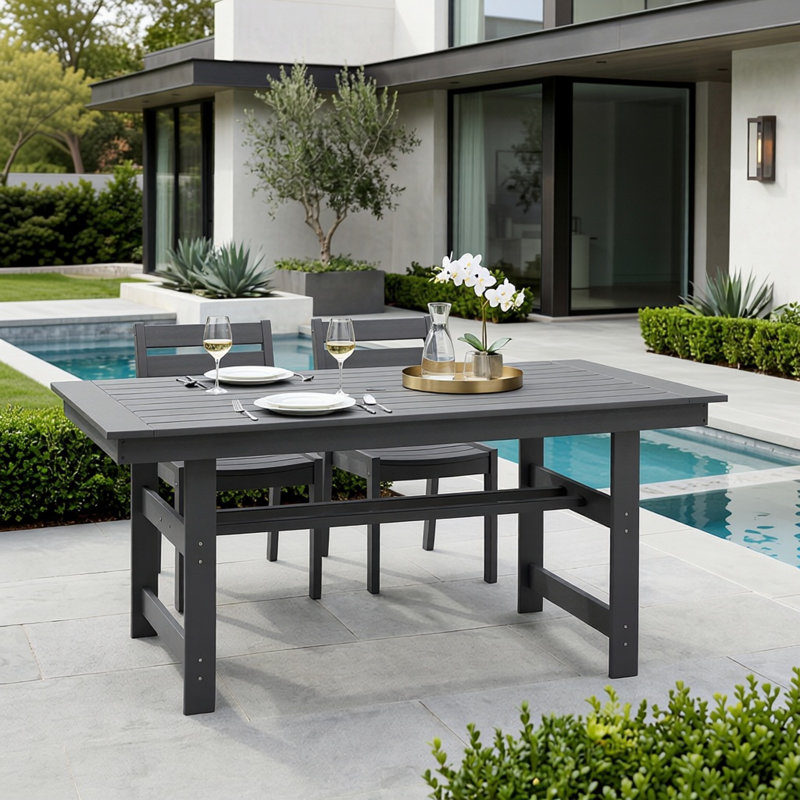 Rectangular HDPE Outdoor Dining Table With Umbrella Hole, Gray