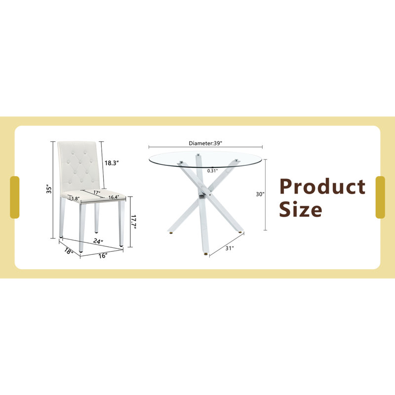 Ensemble de table de salle à manger moderne en verre avec chaises blanches pour la cuisine
