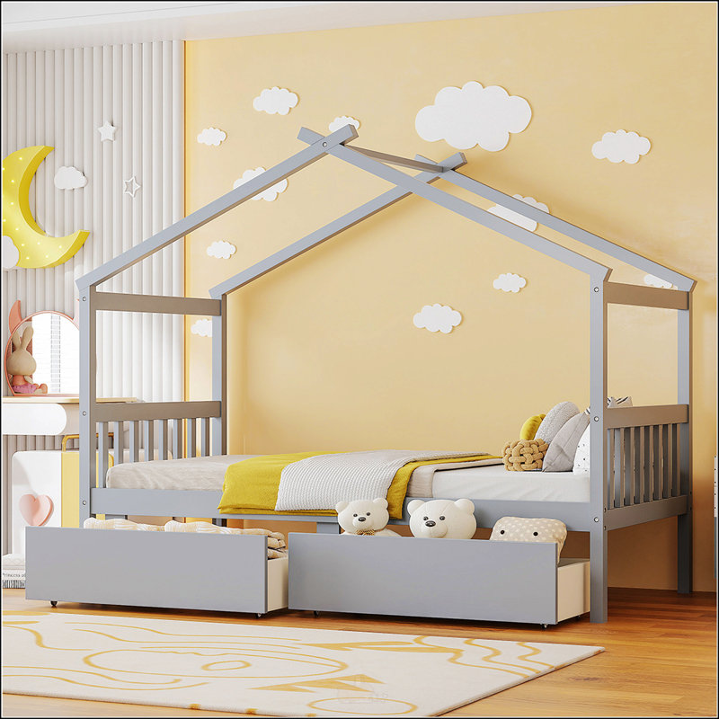 Lit simple en bois avec tiroirs, Gris, Lit simple
