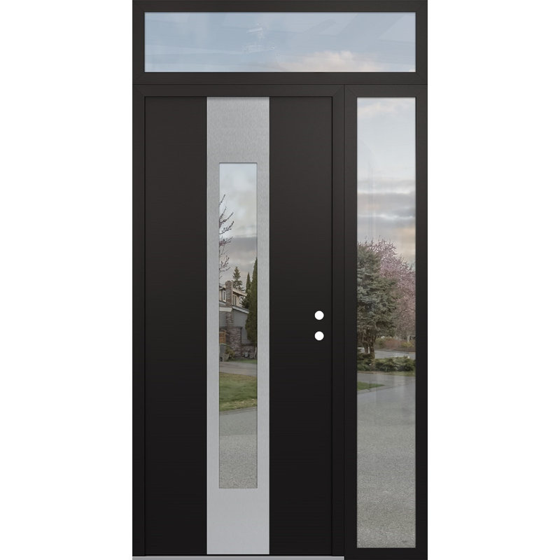Porte d'entrée avant à panneau en acier argenté avec panneau latéral droit Diamond A., L 50 po x H 96 po, Noir, Clair