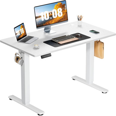 SwiftAim Electric Standing Desk Adjustable Height, 40x24 Inch Sit Stand Up Home Office Desks Computer Workstation PC Work Table with 3 Memory Preset Splice Wood Board Metal Frame, White