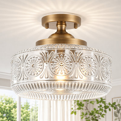Plafonnier semi-encastré 3 lumières en laiton brossé antique avec abat-jour en verre transparent