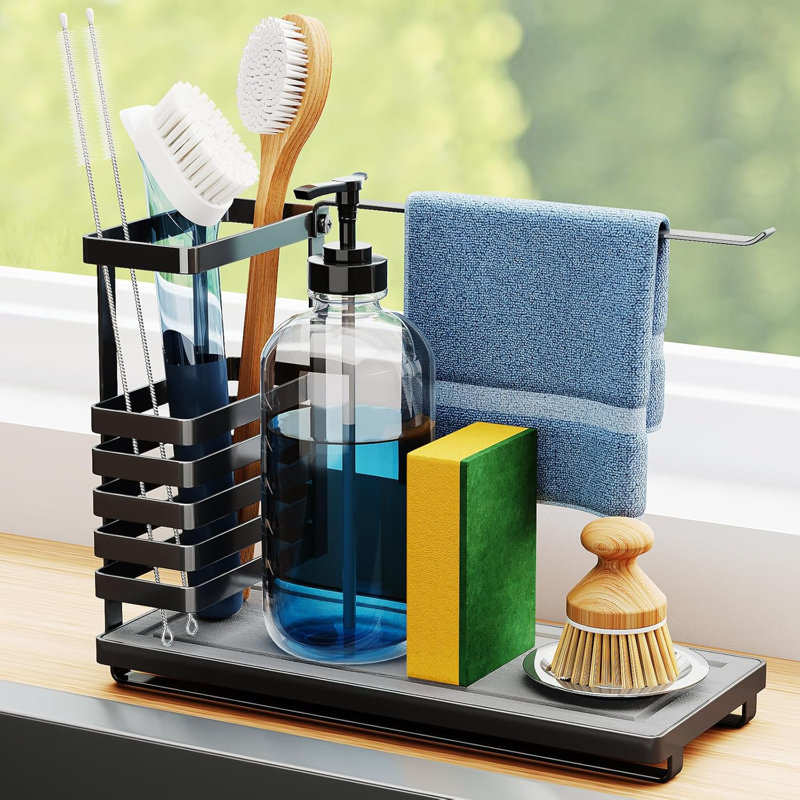 Nihome Multifunctional Diatomaceous Sink Caddy With Elevated Brush Holder For Space-Saving Storage