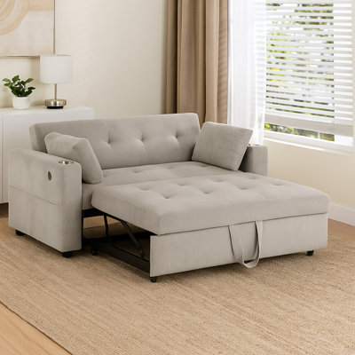 Causeuse convertible Lea, 57 pouces, 2 coussins, capitonnage en velours côtelé gris
