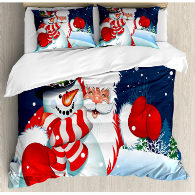 Ambesonne Christmas Duvet Cover Set, Santa Snowman Hug, Calking, Blue Red White -  nev_39749_calking