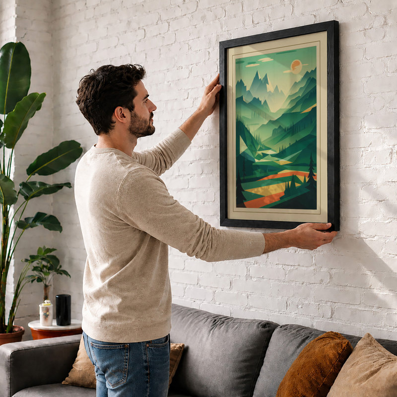 Mountains at Sunset Retro - Framed Print, A2 - 59.4 x 42.0 cm, Walnut