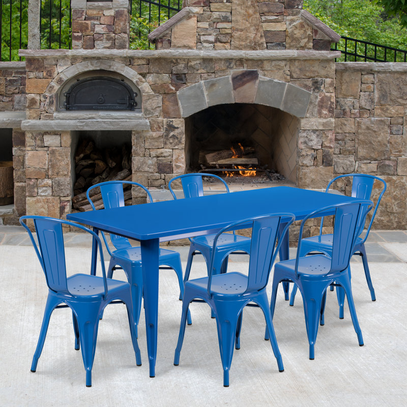 Ensemble de table en métal pour l'intérieur et l'extérieur, 29,5 po H x 31,5 po L x 63 po D, 7, Bleu