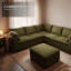 Canapé d'angle moderne en lin vert avec pouf, en forme de V.