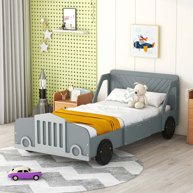 Lit plateforme en forme de voiture avec roulettes, Gris, Simple