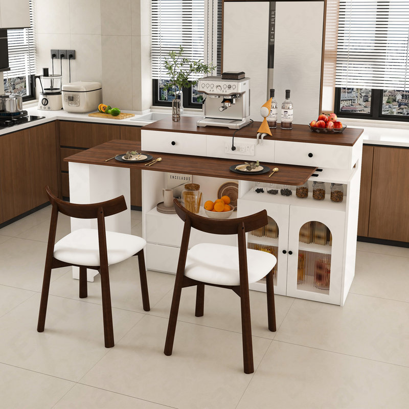 Kitchen Island Set With 2 Solid Wood Chairs, Extendable & Rotating Table, MDF With Walnut Veneer Retro Design, 4 Drawers & Glass Door Cabinets, Expandable Dining Station For 2-4 Person