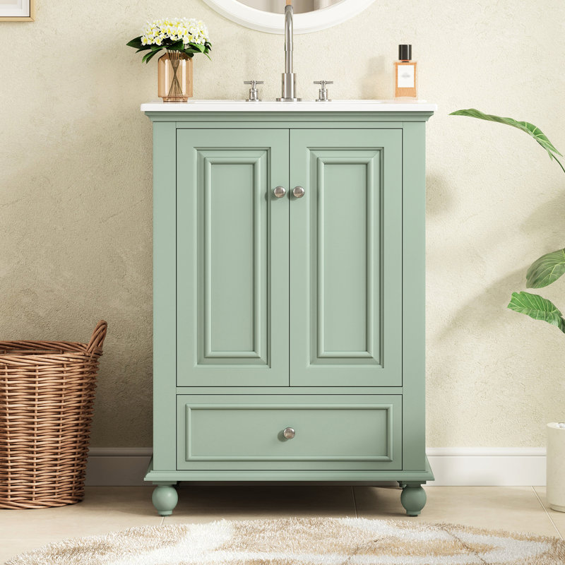 Meuble-lavabo de salle de bain de 24 pouces avec lavabo en céramique, armoire à fermeture douce, tiroir compartimenté, tablette à trois hauteurs et organisateurs montés sur la porte pour un style contemporain avec des organisateurs réglables de 24 pouces de profondeur.