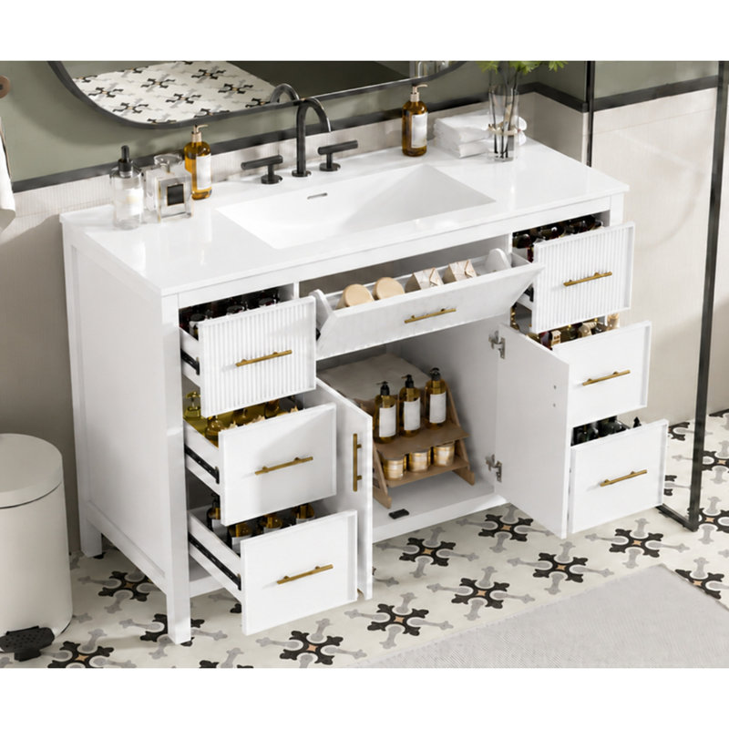 Meuble-lavabo autoportant blanc de 47,83 pouces avec lavabo intégré en SMC, entraxe de robinetterie de 8 pouces, 6 tiroirs à fermeture amortie, 2 portes, rangement inclinable et façades cannelées.
