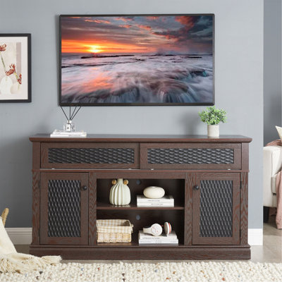 Embossed Pattern TV Stand, TV And Media Console With Open And Closed Storage Space And Sliding Door For Living Room & Bedroom, DARK CHERRY, 58.27"W*15.35"W*31.7H