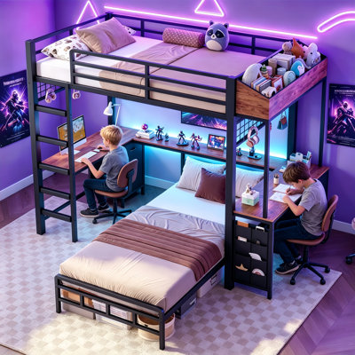 Lit superposé avec 2 bureaux, 6 tiroirs de rangement et 2 boîtes de rangement pour les jouets, petit lit capitaine en métal à DEL pour maximiser l'espace pour 2 enfants