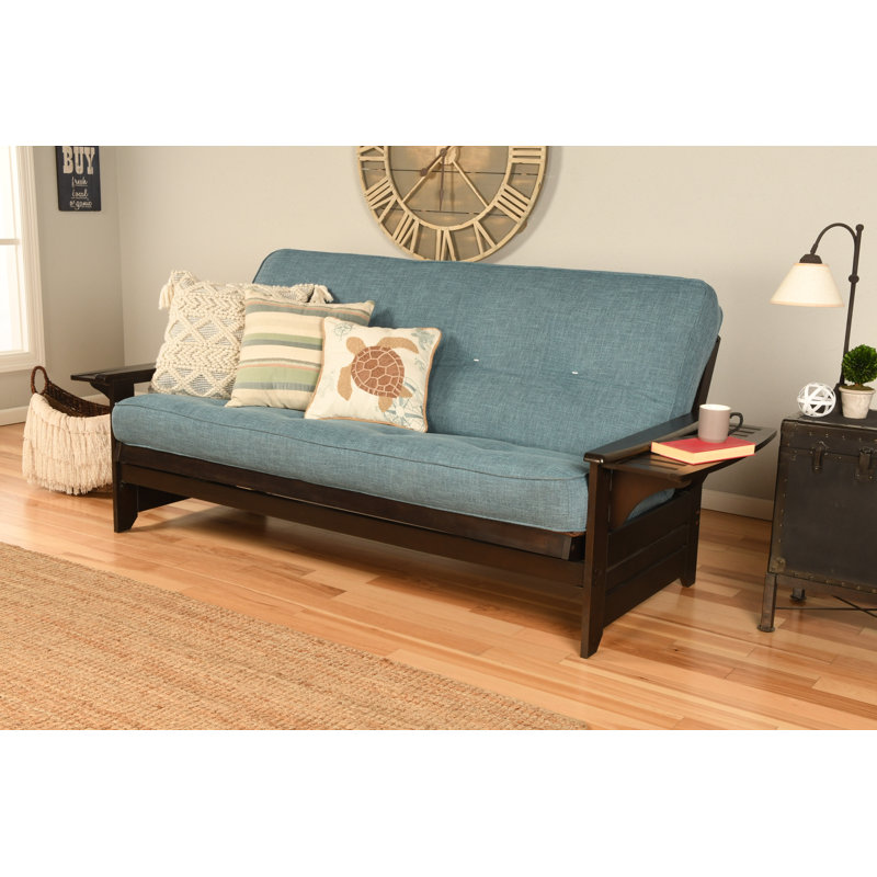 Johnte 82'' Wide Full Futon And Mattress, Espresso, Linen Aqua Microsuede, Premium Pocket Coil