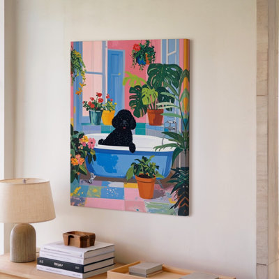 Canvas Wall Art A Colorful Vibrant Scene Featuring A Fluffy Black Poodle Sitting In A Bathtub Surrounded Premium Quality Ready To Hang