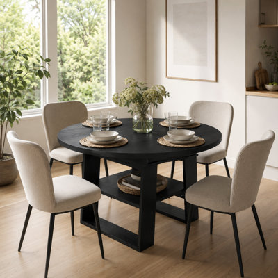 43.3"-59" Extendable Round Dining Table, Round to Oval Kitchen Table with Butterfly Leaf, H-Shaped Base and Storage Shelf for 4-6 People