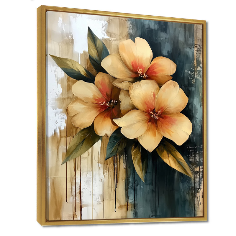 «Vibrant Countryside Flowers Bouquet», art mural fleurs, H 32 po x l 16 po, Reproduction avec cadre flottant, Doré