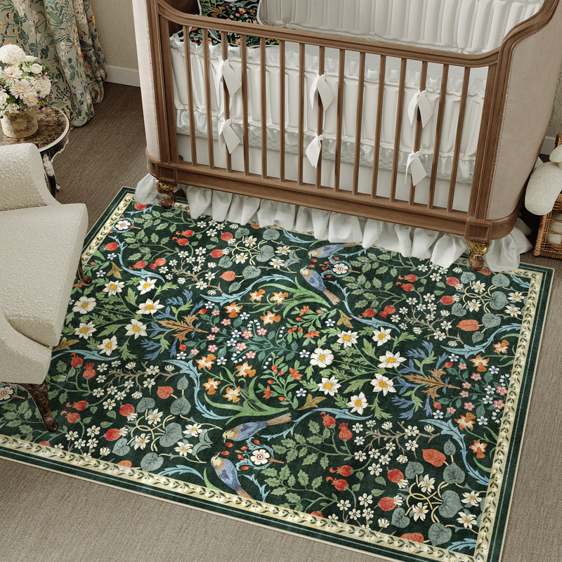 Guston Machine Washable Floral Area Rug With Non-Slip Backing, Rectangle 3' x 5', Green
