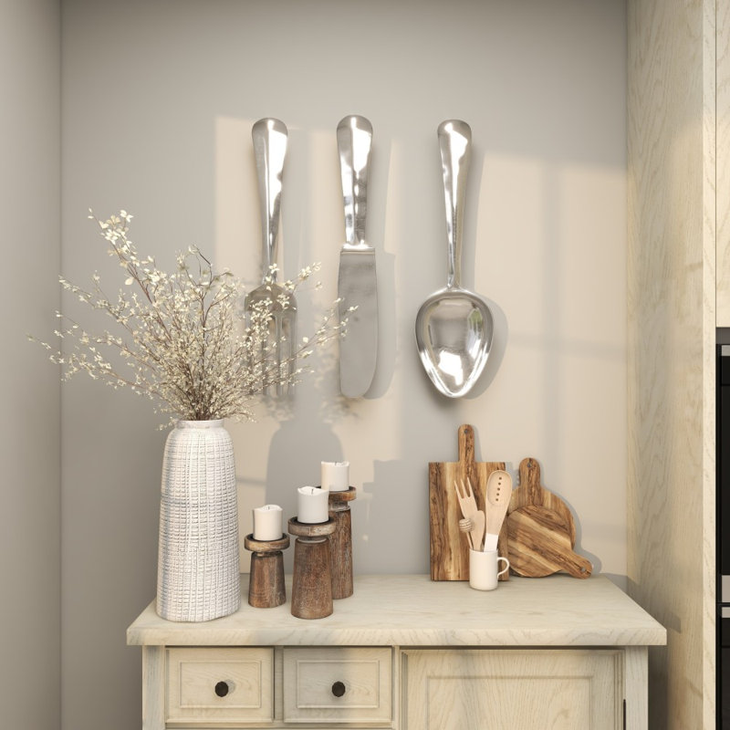 Ensemble de 3 décorations murales en aluminium pour couteaux, cuillères et fourchettes, Argent argent