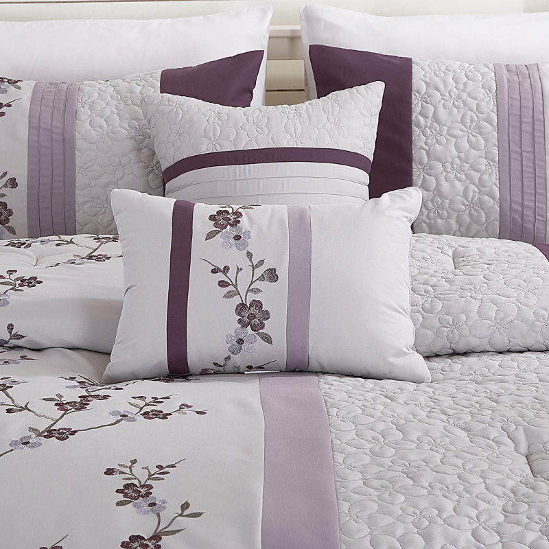Full Purple and Lavender Floral Embroidery Comforter Set