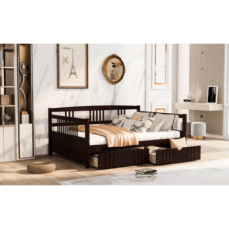 Full Size Solid Wood Daybed, , With Handy Living Room Drawers Daybed Two Drawers, Strong And Long-Lasting Home Bed, Espresso