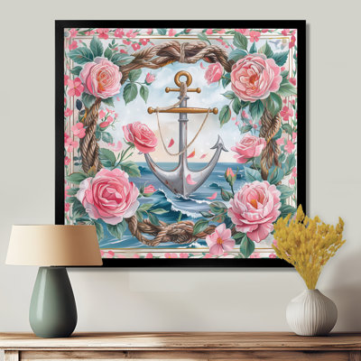 Reproduction d'art mural rose, vert et côtier, ancre rétro III