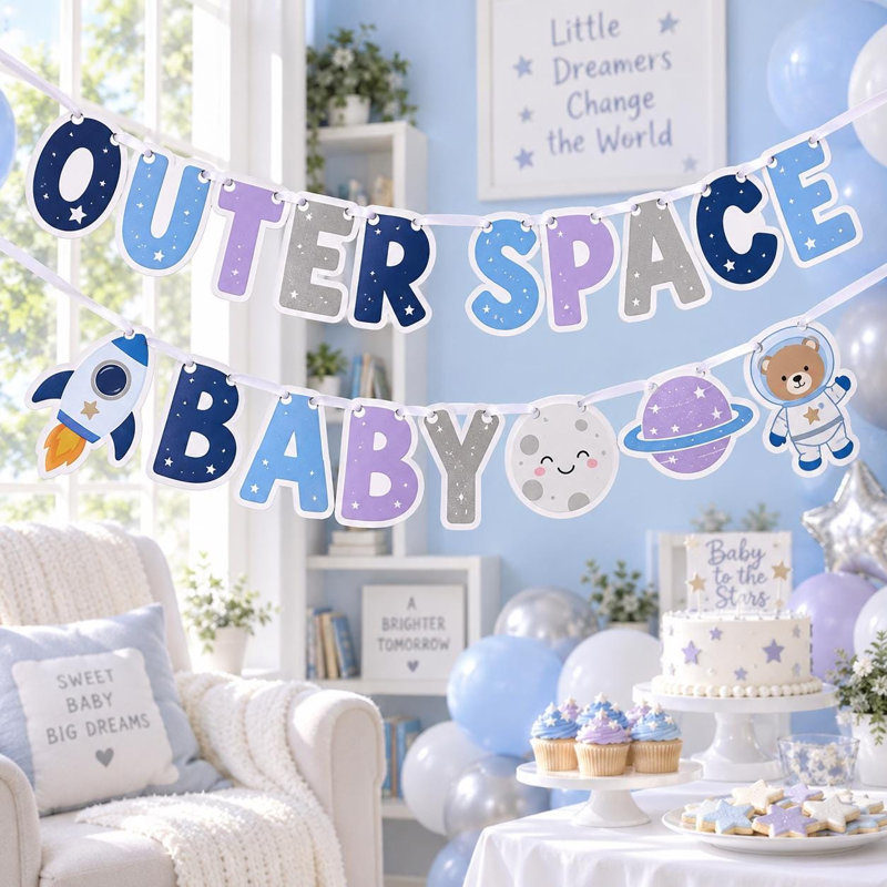 Outer Space Baby Shower Banner, Astronaut Cardstock Garland, Gender Reveal Decor