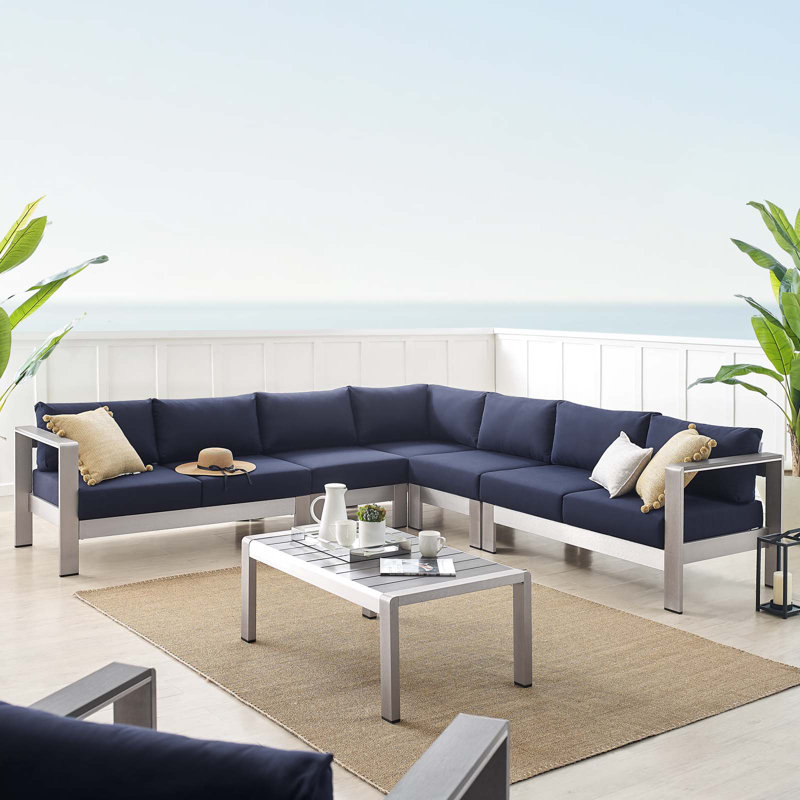 Ensemble de canapé modulaire d'extérieur en aluminium 6 pièces Shore Sunbrella, Sunbrella® bleu marine
