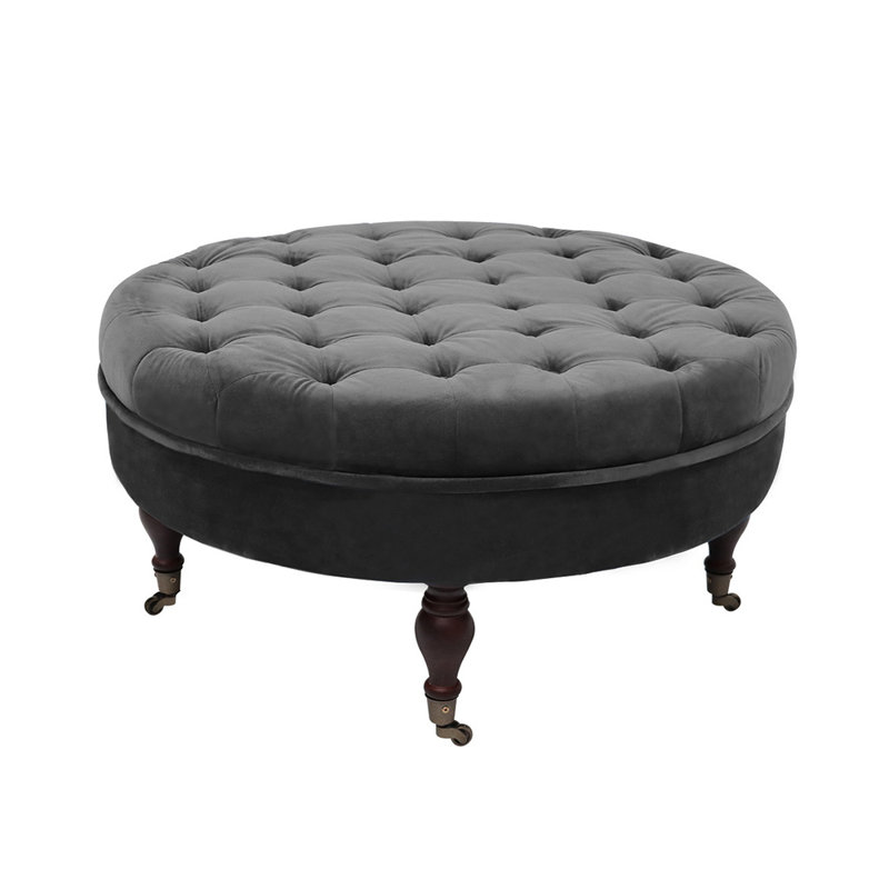 Smpad 32.3 Wide Velvet Tufted Round Ottoman, Dark Gray Velvet