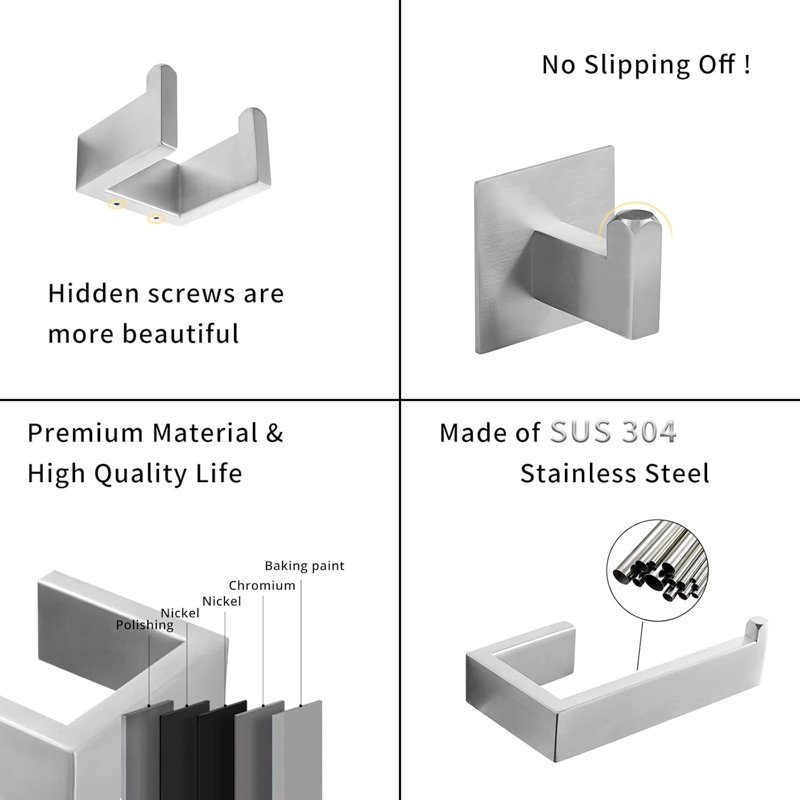 6-Piece Bathroom Hardware Set - Stainless Steel Wall Mounted Towel Bar, Hand Towel Holder, Toilet Paper Holder, Robe Hook, And Coat Hook - Durable And Easy To Install