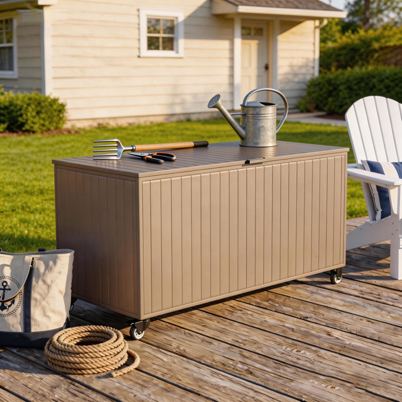 250-Gallon Metal Deck Boxes Outdoor Large Storage Box Deck Box with Wheels, Brown, 250 Gallon