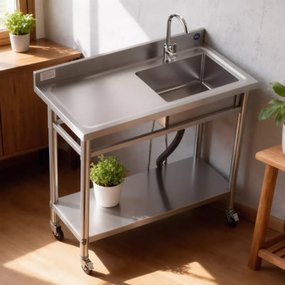 Movable Stainless Steel Single Tank Commercial Kitchen Sink With Wheels Faucet And Hot Cold Water Pipes