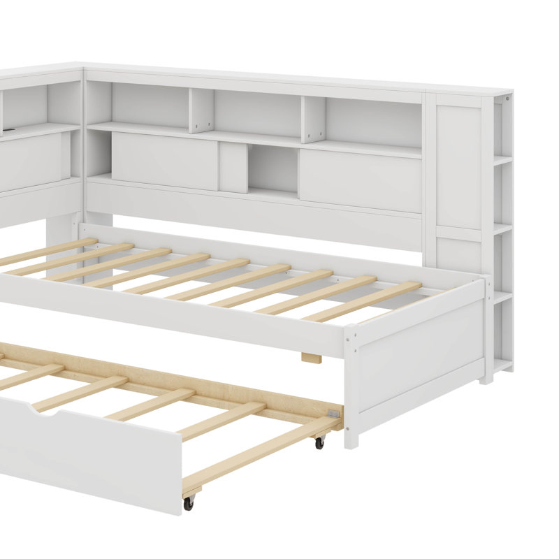 Lit de jour en bois polyvalent avec étagères de chargement USB et gigogne extensible, Blanc