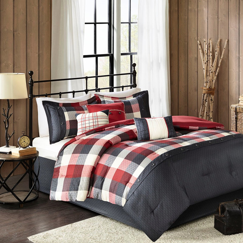 Édredon 7 pièces rouge pour très grand lit - Motif mixte à chevrons et buffles, Rouge