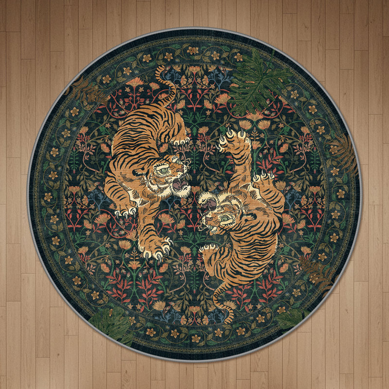 Teiarra Tiger Print Machine Washable Area Rug With Non-Slip Backing, Round 5', Dark Green