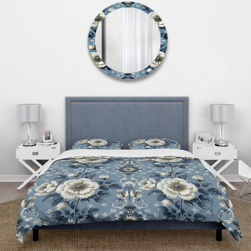 Ensemble de housse de couette à motif floral cachemire bleu et blanc, Housse de couette pour grand lit + 2 taies décora