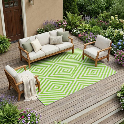 Tapis extérieur lavable antidérapant à motif géométrique vert lime et blanc 9 pi x 12 pi