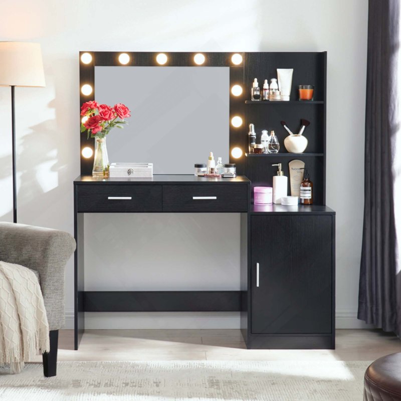 Vanity Desk With Mirror And Lights, 46.4IN Dressing Table With 2 Large Drawer&Large Vertical Organizer, 3 Level Dresser & 3 Lighting Modes Adjustable Brightness, Suitable For Bedroom