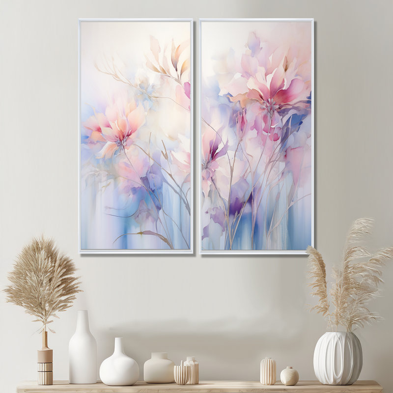 «Mauve Dreamy Florals II», art mural abstrait botanique 2 pièces, H 40 po x l 40 po, Impression encadrée flottante, Blanc